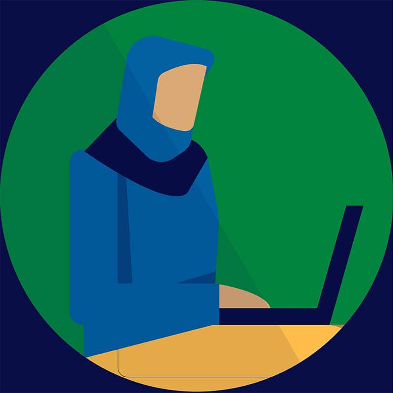 Graphic illustration of a woman on a laptop
