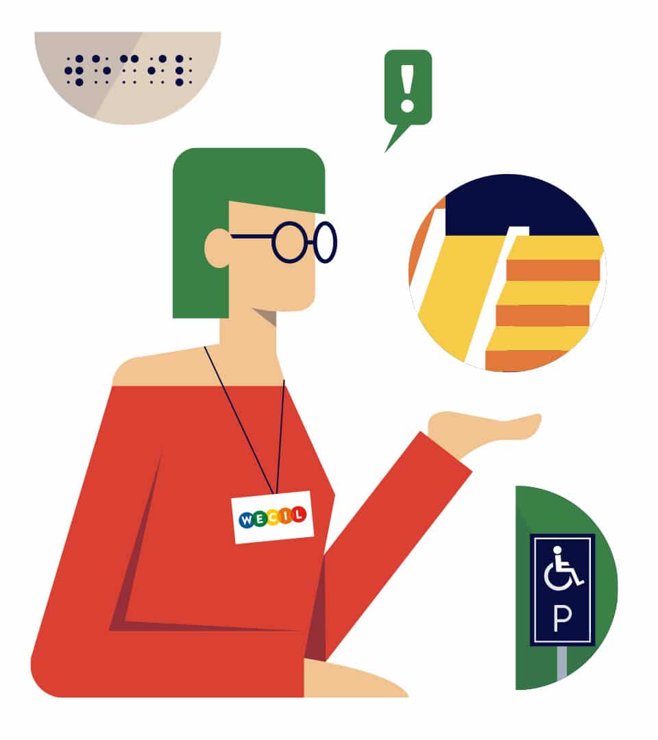 Graphic illustration of female consultant surrounded by accessibility devices