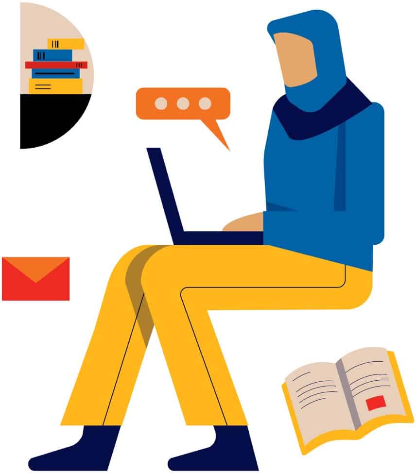Graphic illustration of girl on laptop surrounding by books