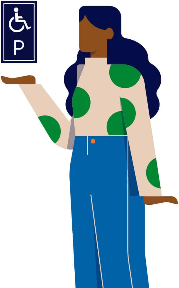 Graphic illustration of girl next to disabled parking sign